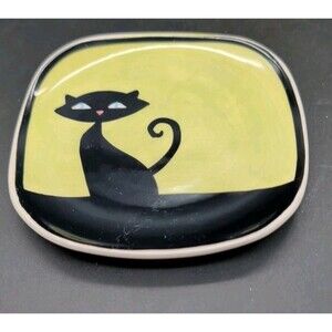 HUES N BREWS Black Cat Small Plate Saucer Trinket Dish Tea Bag Holder 3”